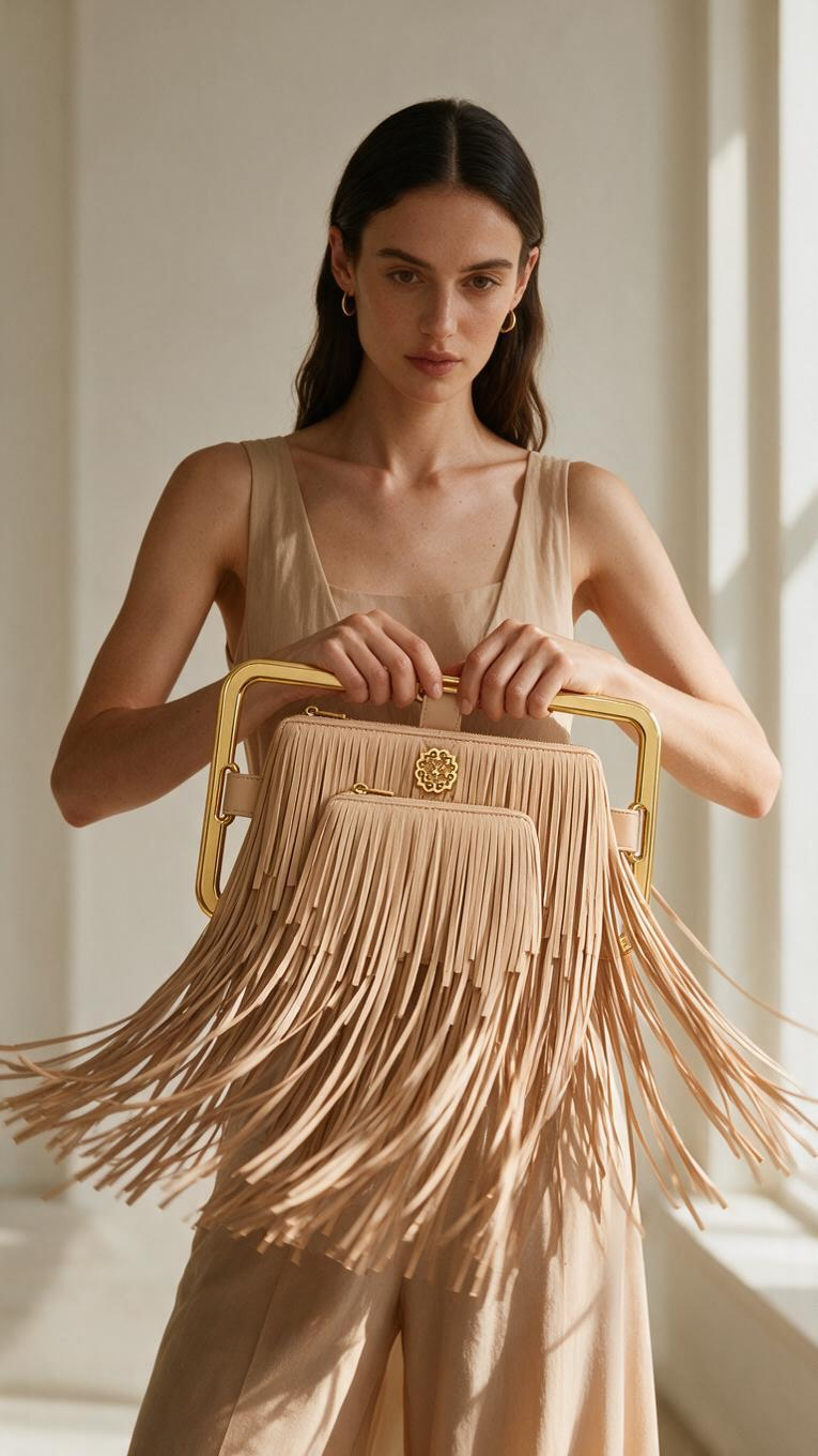 Rectangle Golden Frame Fringe Drama Bag Calfskin Suede & Leather, Stainless Steel Gold Plated Handle