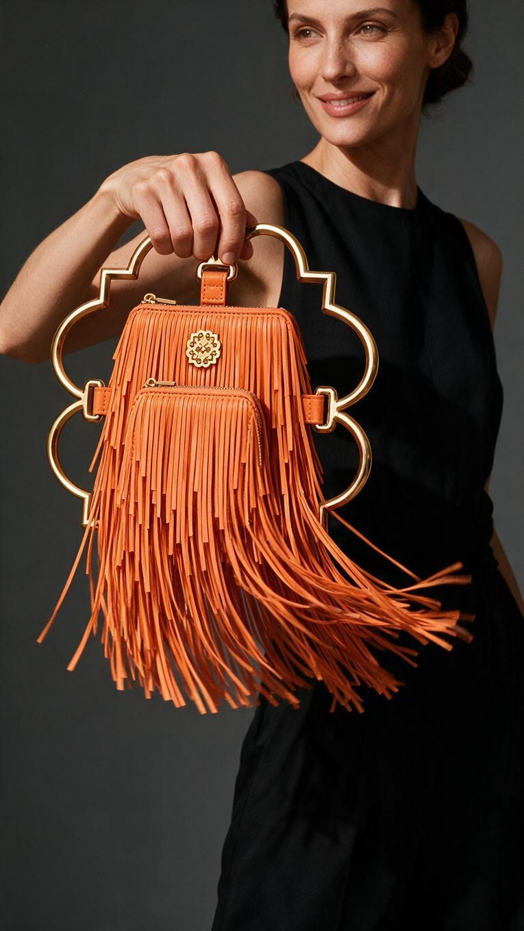 Bloom Logo Silhouette Golden Frame Fringe Drama Bag Calfskin Suede & Leather, Stainless Steel Gold Plated Handle