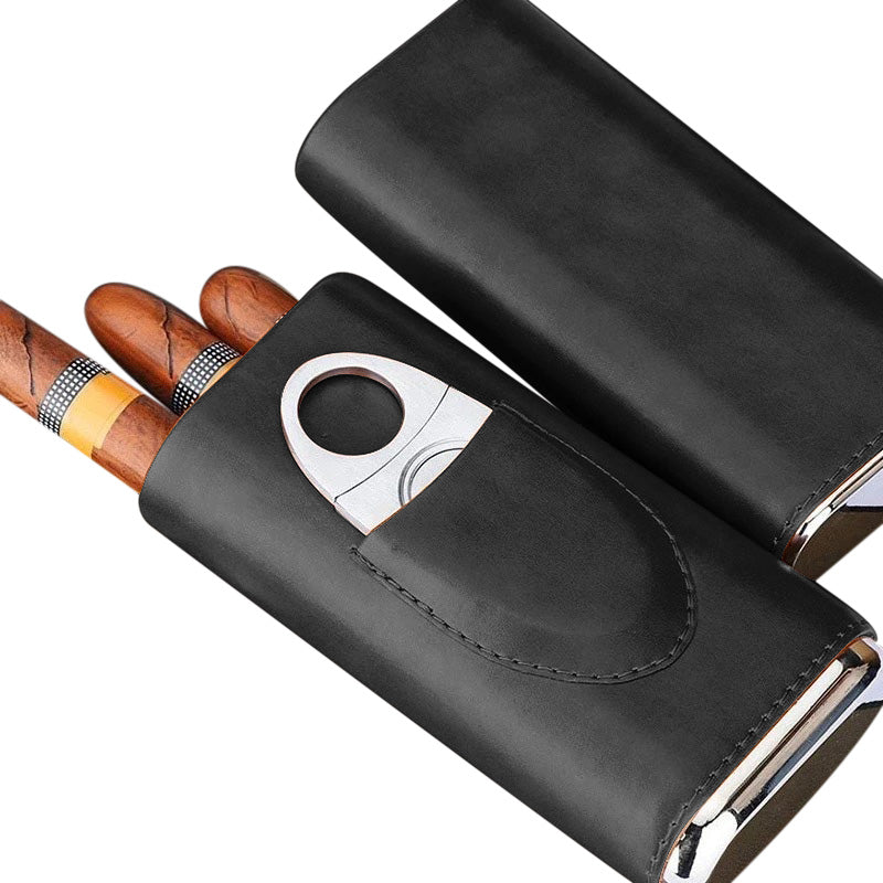 Lotta Pieces | Elegant Leather And Stainless Steel Cigar Case With Cigar Cutter