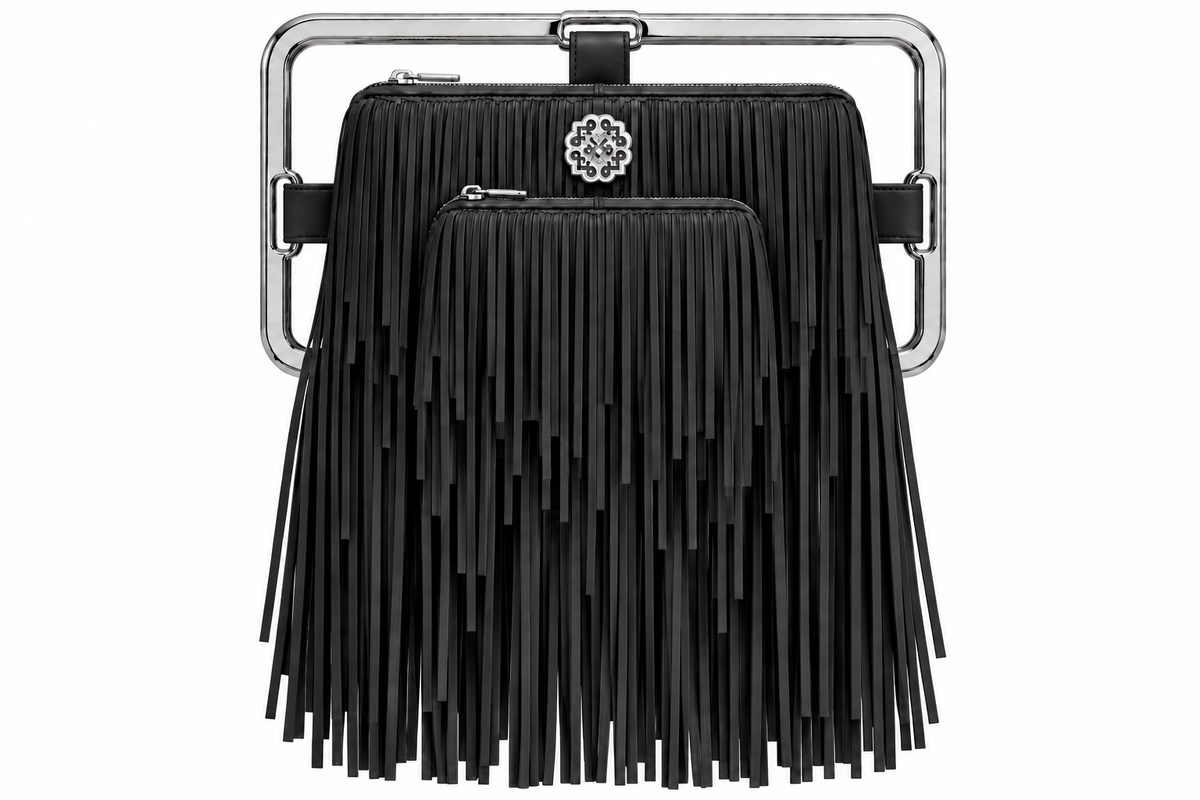 Rectangle Golden Frame Fringe Drama Bag Calfskin Suede & Leather, Stainless Steel Gold Plated Handle