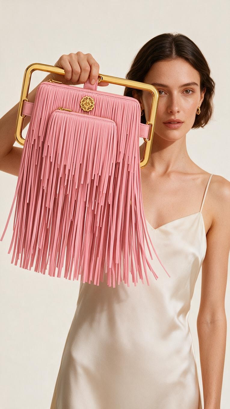Rectangle Golden Frame Fringe Drama Bag Calfskin Suede & Leather, Stainless Steel Gold Plated Handle