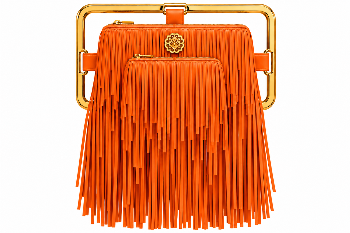 Rectangle Golden Frame Fringe Drama Bag Calfskin Suede & Leather, Stainless Steel Gold Plated Handle