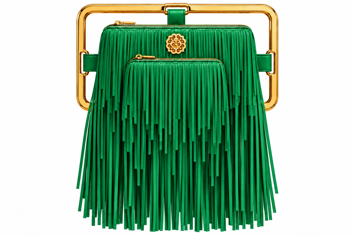 Rectangle Golden Frame Fringe Drama Bag Calfskin Suede & Leather, Stainless Steel Gold Plated Handle