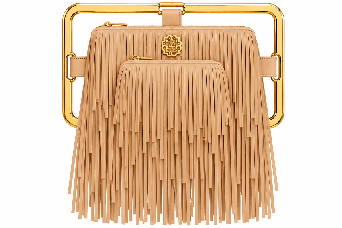 Rectangle Golden Frame Fringe Drama Bag Calfskin Suede & Leather, Stainless Steel Gold Plated Handle
