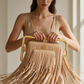 Rectangle Golden Frame Fringe Drama Bag Calfskin Suede & Leather, Stainless Steel Gold Plated Handle