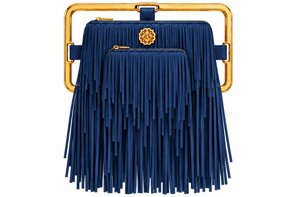 Rectangle Golden Frame Fringe Drama Bag Calfskin Suede & Leather, Stainless Steel Gold Plated Handle