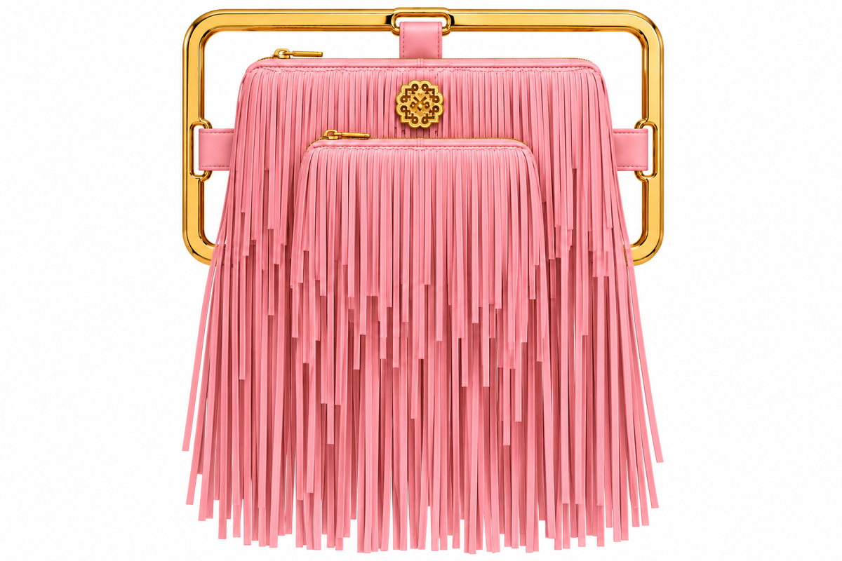 Rectangle Golden Frame Fringe Drama Bag Calfskin Suede & Leather, Stainless Steel Gold Plated Handle