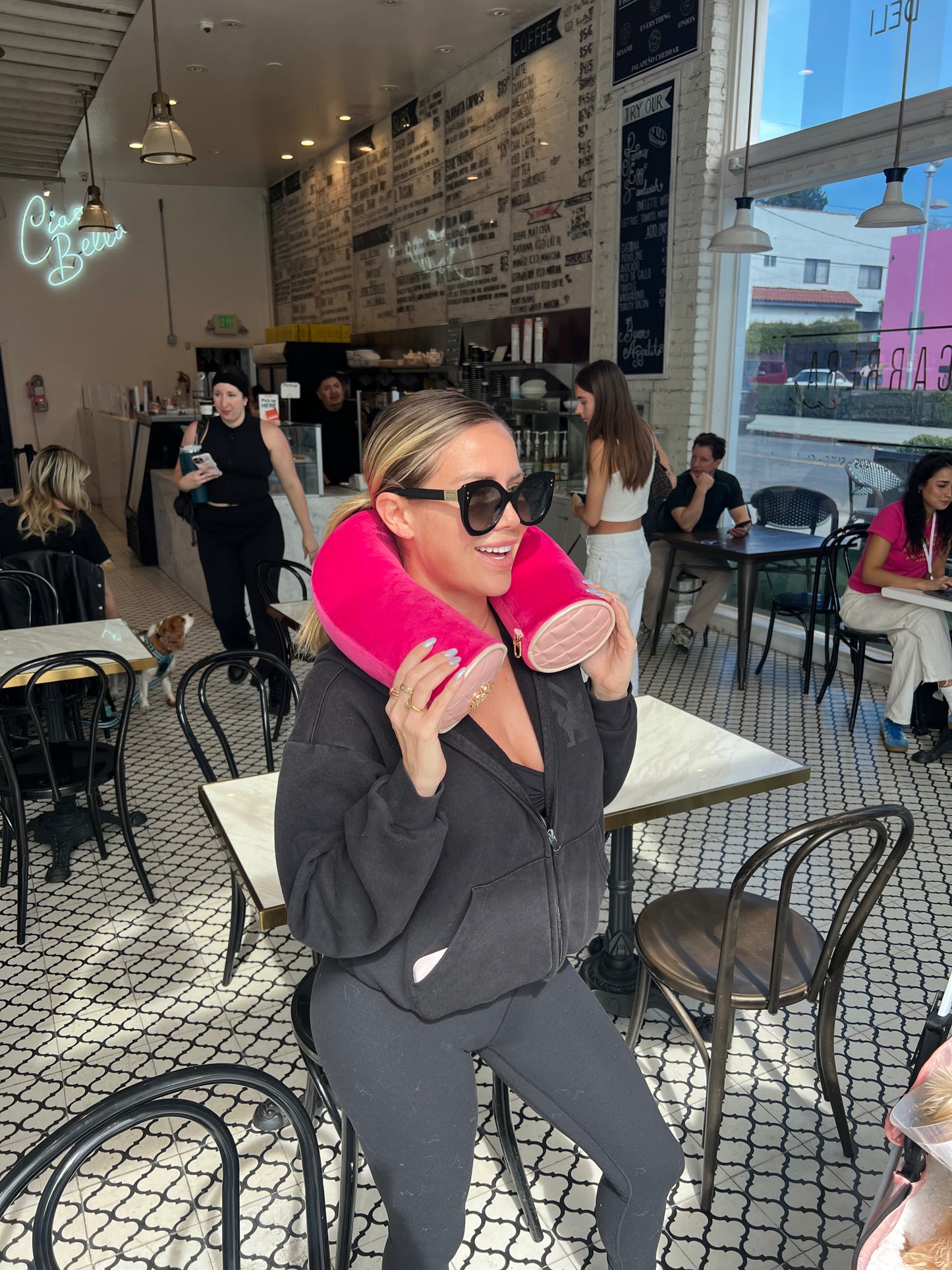 Lotta Pieces | Super Plush Velvet Travel Neck Pillow With Diamond Quilted Leather