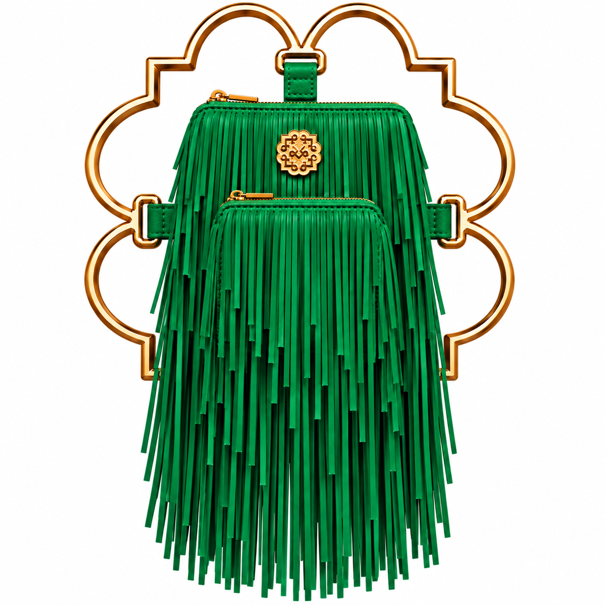 Bloom Logo Silhouette Golden Frame Fringe Drama Bag Calfskin Suede & Leather, Stainless Steel Gold Plated Handle
