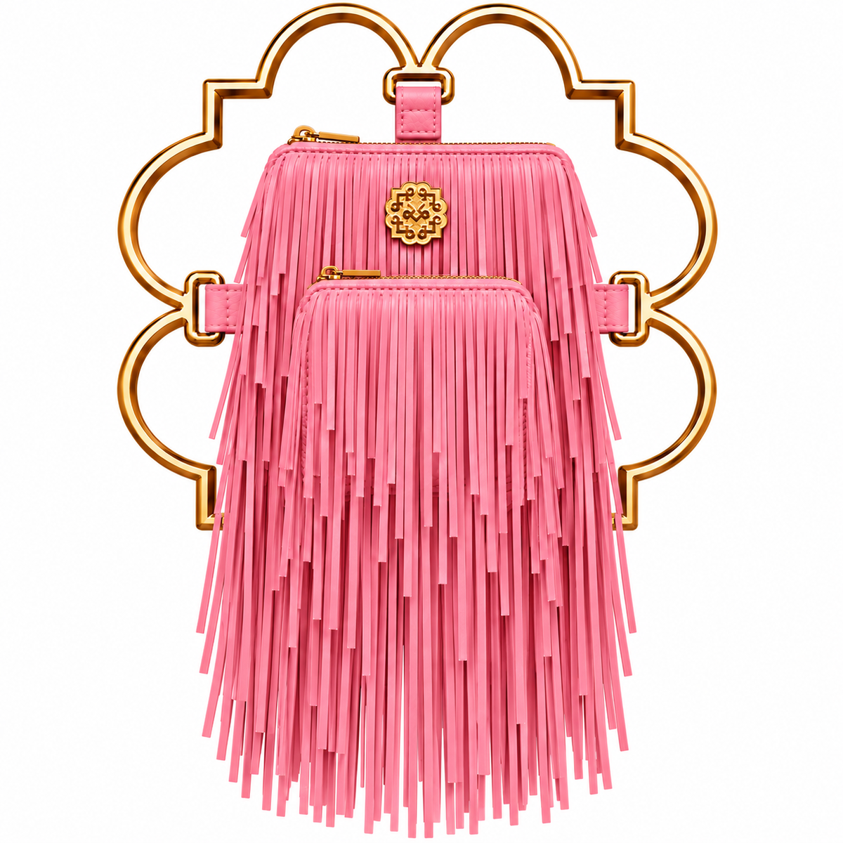 Bloom Logo Silhouette Golden Frame Fringe Drama Bag Calfskin Suede & Leather, Stainless Steel Gold Plated Handle