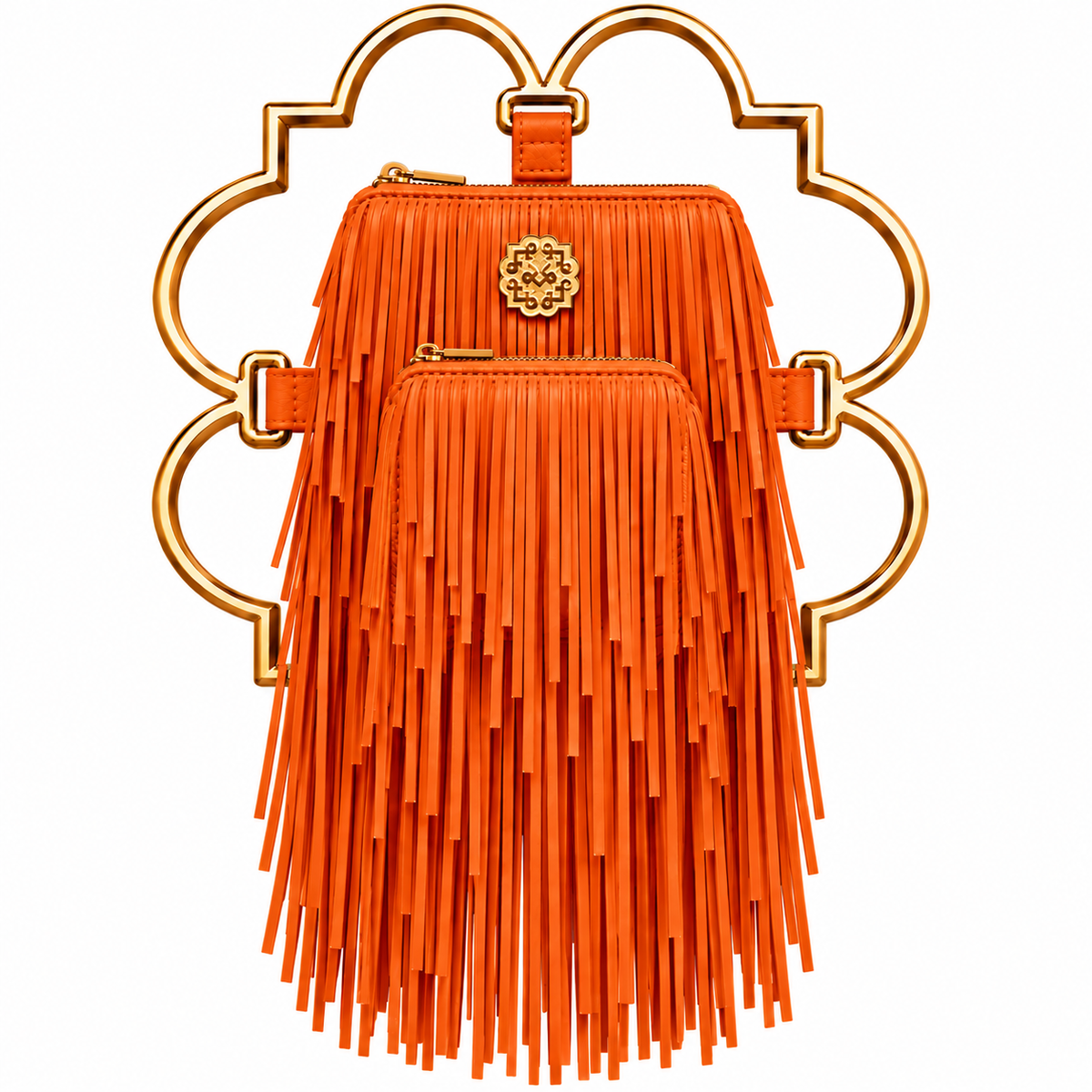 Bloom Logo Silhouette Golden Frame Fringe Drama Bag Calfskin Suede & Leather, Stainless Steel Gold Plated Handle