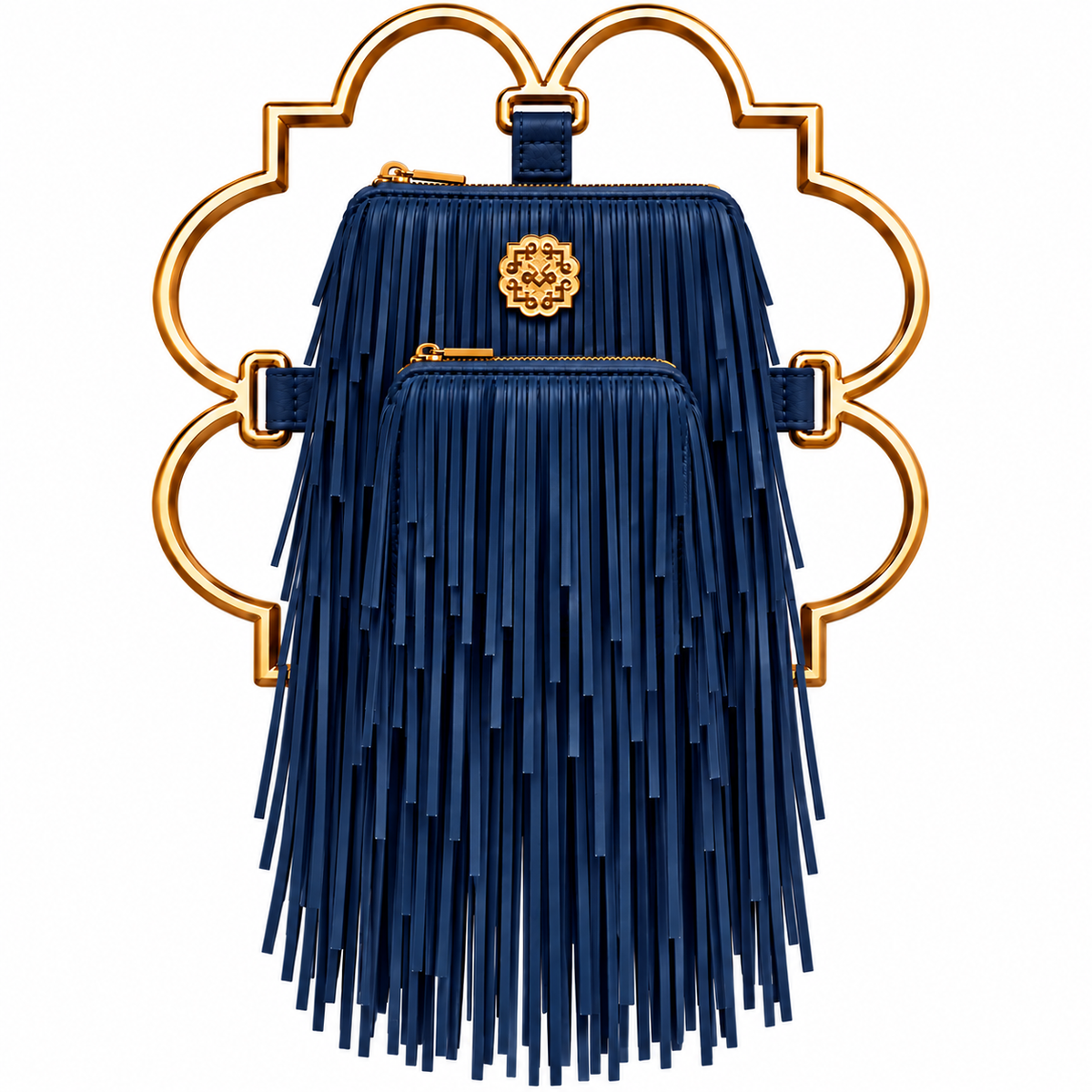 Bloom Logo Silhouette Golden Frame Fringe Drama Bag Calfskin Suede & Leather, Stainless Steel Gold Plated Handle