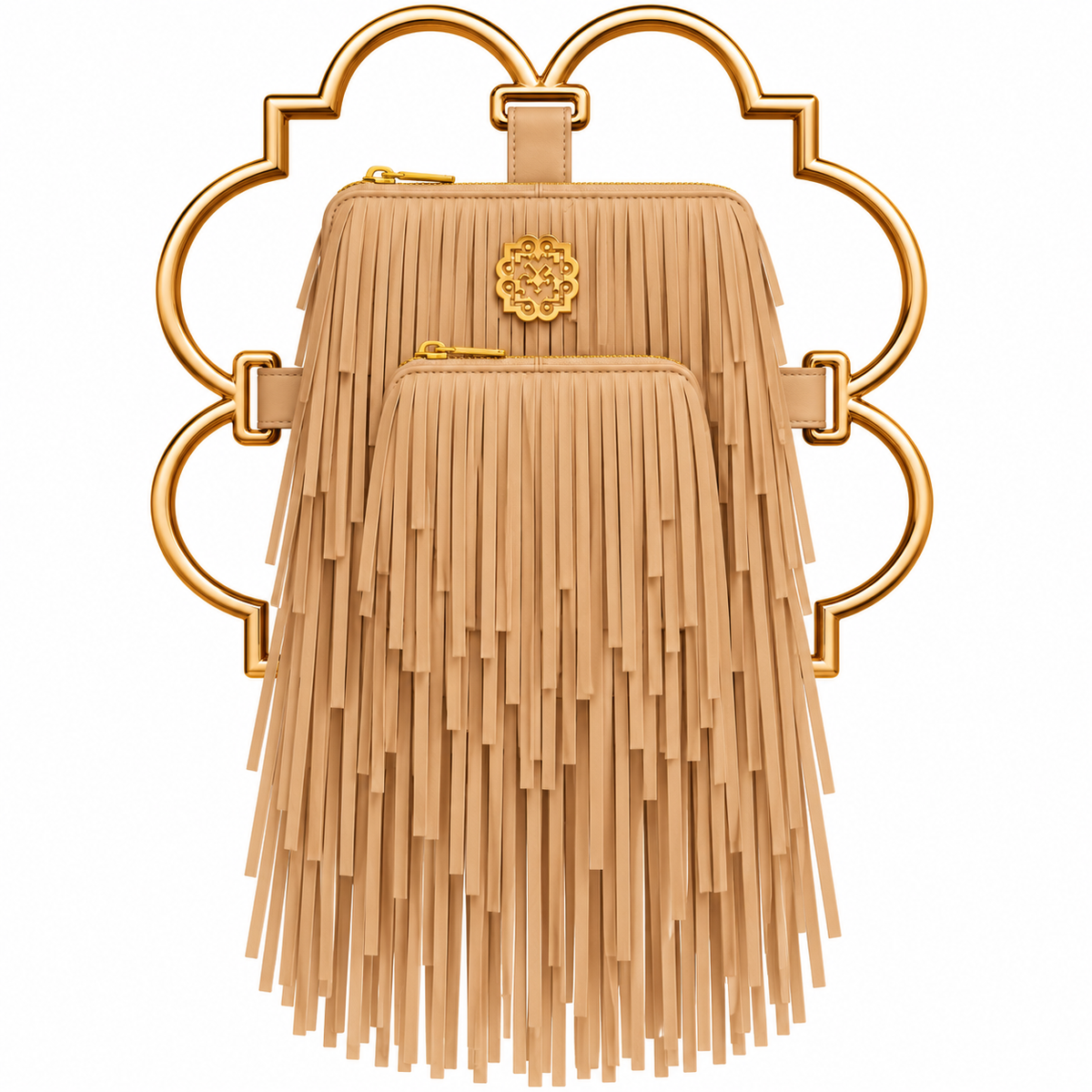 Bloom Logo Silhouette Golden Frame Fringe Drama Bag Calfskin Suede & Leather, Stainless Steel Gold Plated Handle