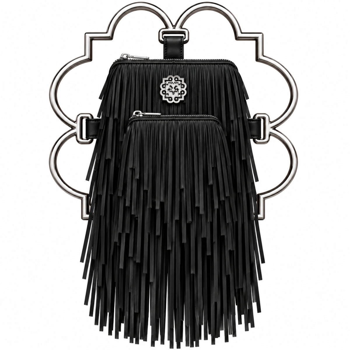 Bloom Logo Silhouette Golden Frame Fringe Drama Bag Calfskin Suede & Leather, Stainless Steel Gold Plated Handle