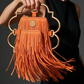 Bloom Logo Silhouette Golden Frame Fringe Drama Bag Calfskin Suede & Leather, Stainless Steel Gold Plated Handle