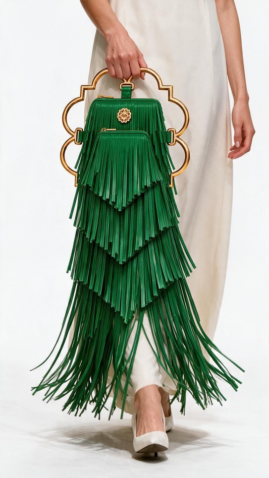 Bloom Logo Silhouette Golden Frame Fringe Drama Bag Calfskin Suede & Leather, Stainless Steel Gold Plated Handle
