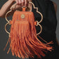 Bloom Logo Silhouette Golden Frame Fringe Drama Bag Calfskin Suede & Leather, Stainless Steel Gold Plated Handle
