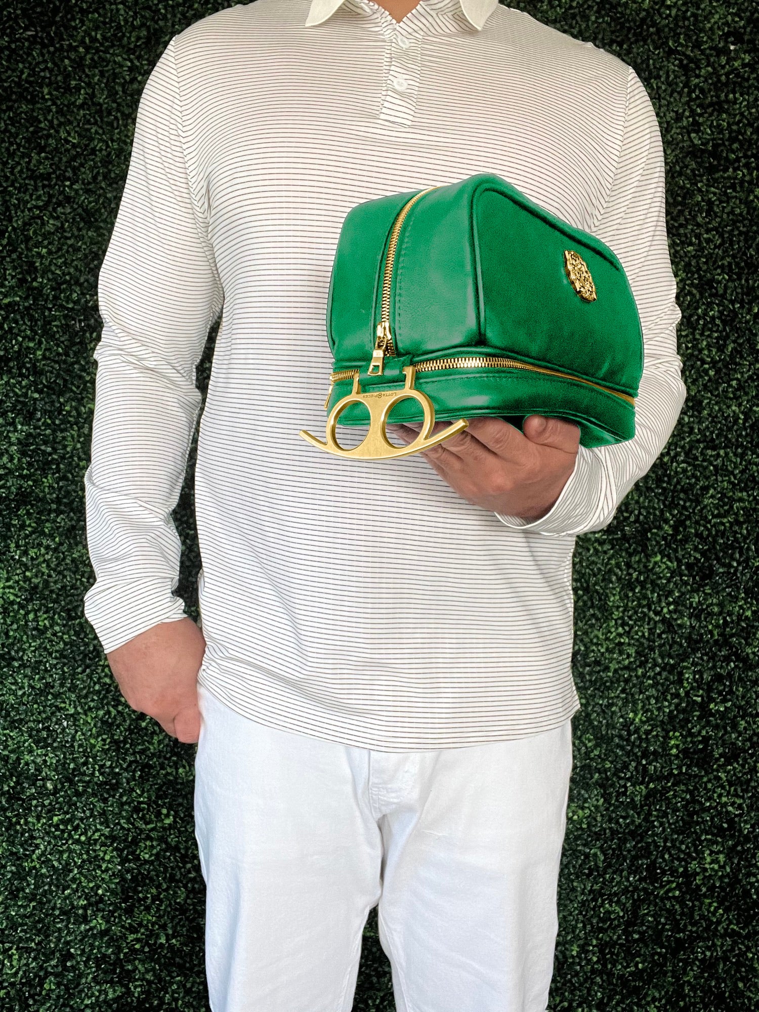 green leather toiletry  bag